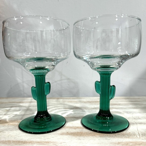Set Of 2 Vintage Libbey Cactus Green Stemmed Margarita Glasses Western Boho - Picture 2 of 6